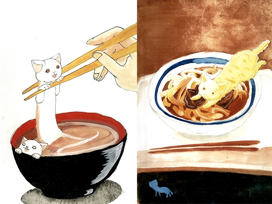 猫、食べ物に隠れんぼ。