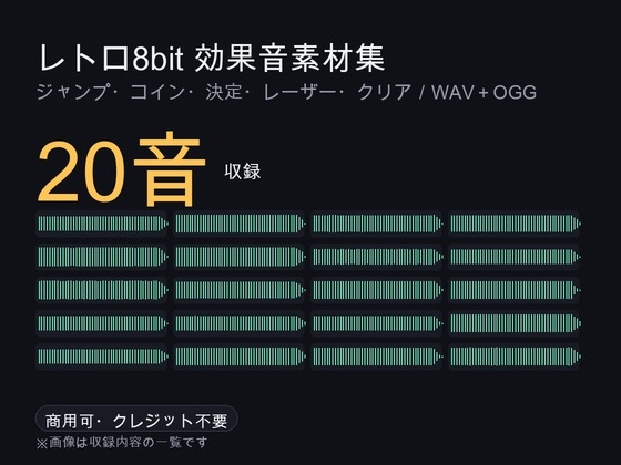 レトロ8bit 効果音素材集 20点|ジャンプ・コイン・決定・レーザー・クリア/WAV+OGG・商用可