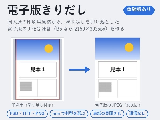 「【同人誌の電子版】印刷用の原稿から塗り足しを切り落とし、DLsite 用の JPEG 連番を作る「電子版きりだし」」(夜なべ工房)