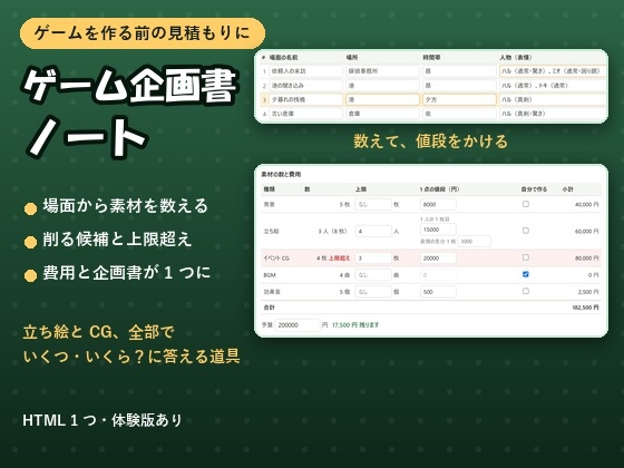 【ゲーム・ノベル・ツクール】場面を書くと素材の数と外注費が出る「ゲーム企画書ノート」A4の企画書にまとめて印刷