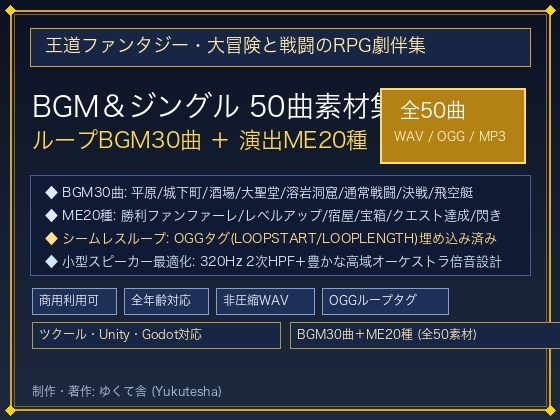 王道ファンタジー・大冒険と戦闘のRPG劇伴音楽パック [ループBGM30曲+演出ME20種/商用可/OGGループタグ対応]