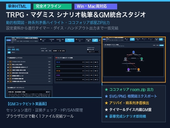 「TRPG・マダミス シナリオ執筆&GM進行管理統合スタジオ(単体HTML)|相関図・時系列・設定資料・ココフォリア部屋ZIP出力|Win・Mac両対応」(ゆくて舎)