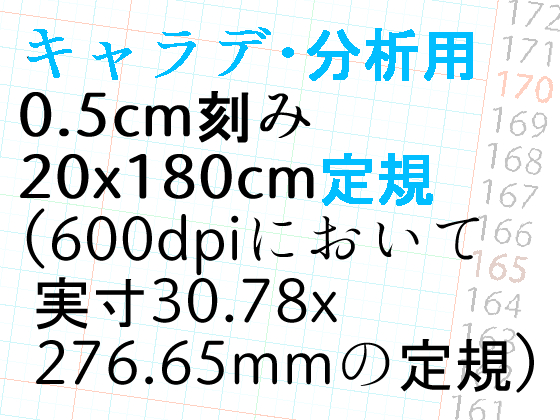 キャラデ・分析用 0.5cm刻み 20x180cm定規(600dpiにおいて実寸30.78x276.65mmの定規)