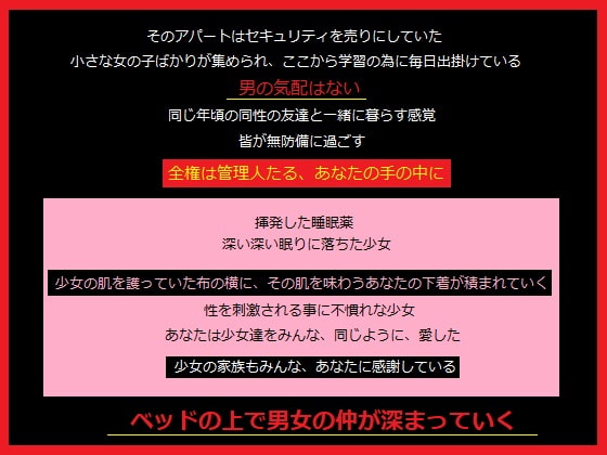 眠る少女の部屋に入り込む、アパートの管理人である、あなた